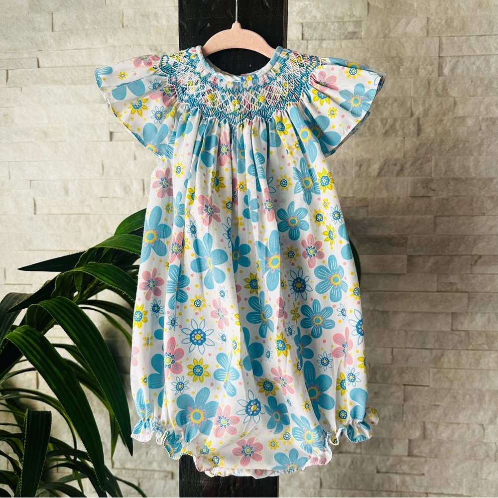 Princess Lib Multicolor Spring Floral Smocked Embroidered Bubble Romper Size 9M